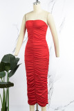 Red Sexy Casual Solid Backless Fold Strapless Sleeveless Dress Dresses