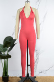 Rose Red Sexy Casual Solid Backless Halter Skinny Jumpsuits