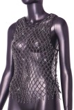 Black Sexy Patchwork Rhinestone Hollowed Out See-through O Neck Tops