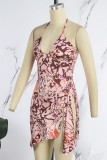Multicolor Sexy Print Backless High Opening Strap Design Halter Sleeveless Two Pieces