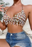 White Sexy Patchwork Hollowed Out See-through Chains Backless Halter Tops