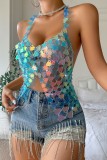 Blue Sexy Patchwork Chains Backless Halter Low Waist Tops