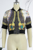 Black Street Print Letter Mandarin Collar Outerwear