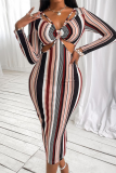 Multicolor Casual Striped Hollowed Out Patchwork Slit V Neck One Step Skirt Dresses