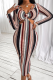 Multicolor Casual Striped Hollowed Out Patchwork Slit V Neck One Step Skirt Dresses