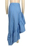 Blue Casual Striped Print Patchwork Asymmetrical Regular High Waist Conventional Full Print Skirt