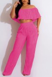 Fluorescent Pink Casual Solid Patchwork Off the Shoulder Short Sleeve Two Pieces
