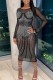 Black Sexy Casual Patchwork Hot Drilling See-through O Neck Long Sleeve Dresses