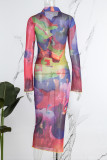 Colour Casual Print Patchwork Turndown Collar Long Sleeve Two Pieces