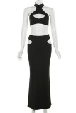 Grey Sexy Solid Hollowed Out Backless Halter Sleeveless Two Pieces