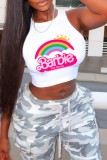 White Casual Print Basic O Neck Tops