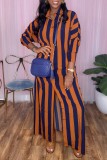 Red Casual Striped Print Patchwork Turndown Collar Shirt Dress Dresses