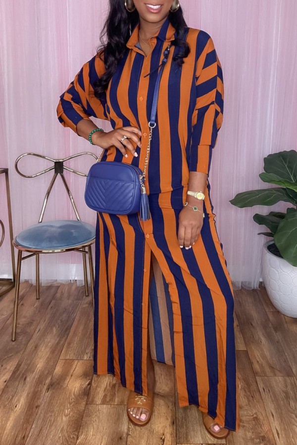 Orange Casual Striped Print Patchwork Turndown Collar Shirt Dress Dresses