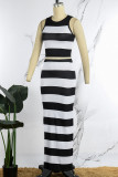 Black White Casual Striped Print Slit O Neck Sleeveless Two Pieces