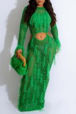 Green Sexy Solid Hollowed Out See-through O Neck Beach Dress Dresses