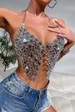 Silver Sexy Patchwork Hollowed Out Chains Backless Halter Tops