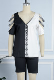 Black Casual Print Hollowed Out Patchwork V Neck Short Sleeve Two Pieces