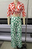 Red Green Casual Print Frenulum Turndown Collar Half Sleeve Two Pieces