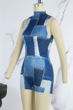 Blue Casual Print Basic Turtleneck Skinny Romper