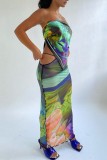 Green Sexy Print Frenulum Backless Strapless Sleeveless Two Pieces