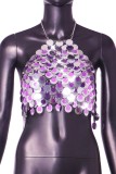 Purple Sexy Patchwork Sequins Chains Backless Halter Tops