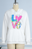Black Casual Vintage Print Draw String Letter Hooded Collar Tops