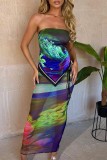 Green Sexy Print Frenulum Backless Strapless Sleeveless Two Pieces