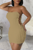Light Coffee Sexy Solid Patchwork Backless Cross Straps Strapless One Step Skirt Dresses