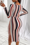 Multicolor Casual Striped Hollowed Out Patchwork Slit V Neck One Step Skirt Dresses