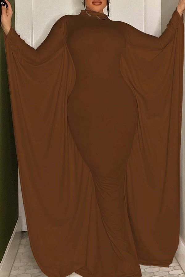 Brown Casual Solid Patchwork Half A Turtleneck Irregular Dress Dresses