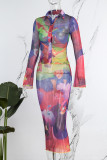 Colour Casual Print Patchwork Turndown Collar Long Sleeve Two Pieces