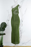 Green Sexy Solid Patchwork Backless Oblique Collar One Step Skirt Dresses