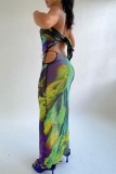 Green Sexy Print Frenulum Backless Strapless Sleeveless Two Pieces
