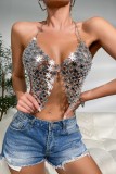 Silver Sexy Patchwork Hollowed Out Chains Backless Halter Tops