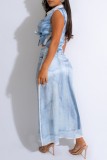 Light Blue Casual Print Patchwork Shirt Collar Sleeveless Two Pieces