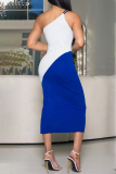 Blue Elegant Color Lump Backless Slit Contrast Oblique Collar Wrapped Skirt Dresses