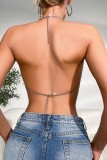 Silver Sexy Patchwork Hollowed Out Chains Backless Halter Tops