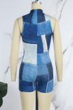 Blue Casual Print Basic Turtleneck Skinny Romper