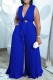 Blue Casual Solid Hollowed Out Frenulum Pleated V Neck Regular Jumpsuits