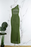 Green Sexy Solid Patchwork Backless Oblique Collar One Step Skirt Dresses
