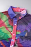Colour Casual Print Patchwork Turndown Collar Long Sleeve Two Pieces