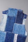 Blue Casual Print Basic Turtleneck Skinny Romper