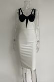 White Elegant Color Lump Hollowed Out Backless Zipper Spaghetti Strap Wrapped Skirt Dresses