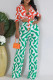 Red Green Casual Print Frenulum Turndown Collar Half Sleeve Two Pieces