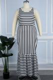 Black White Casual Striped Print Patchwork O Neck Plus Size Sleeveless Dress