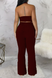Burgundy Sexy Solid Hollowed Out Patchwork Backless Halter Sleeveless Two Pieces