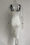 White Elegant Color Lump Hollowed Out Backless Zipper Spaghetti Strap Wrapped Skirt Dresses