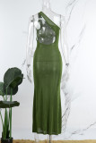 Green Sexy Solid Patchwork Backless Oblique Collar One Step Skirt Dresses
