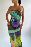 Green Sexy Print Frenulum Backless Strapless Sleeveless Two Pieces