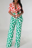 Red Green Casual Print Frenulum Turndown Collar Half Sleeve Two Pieces